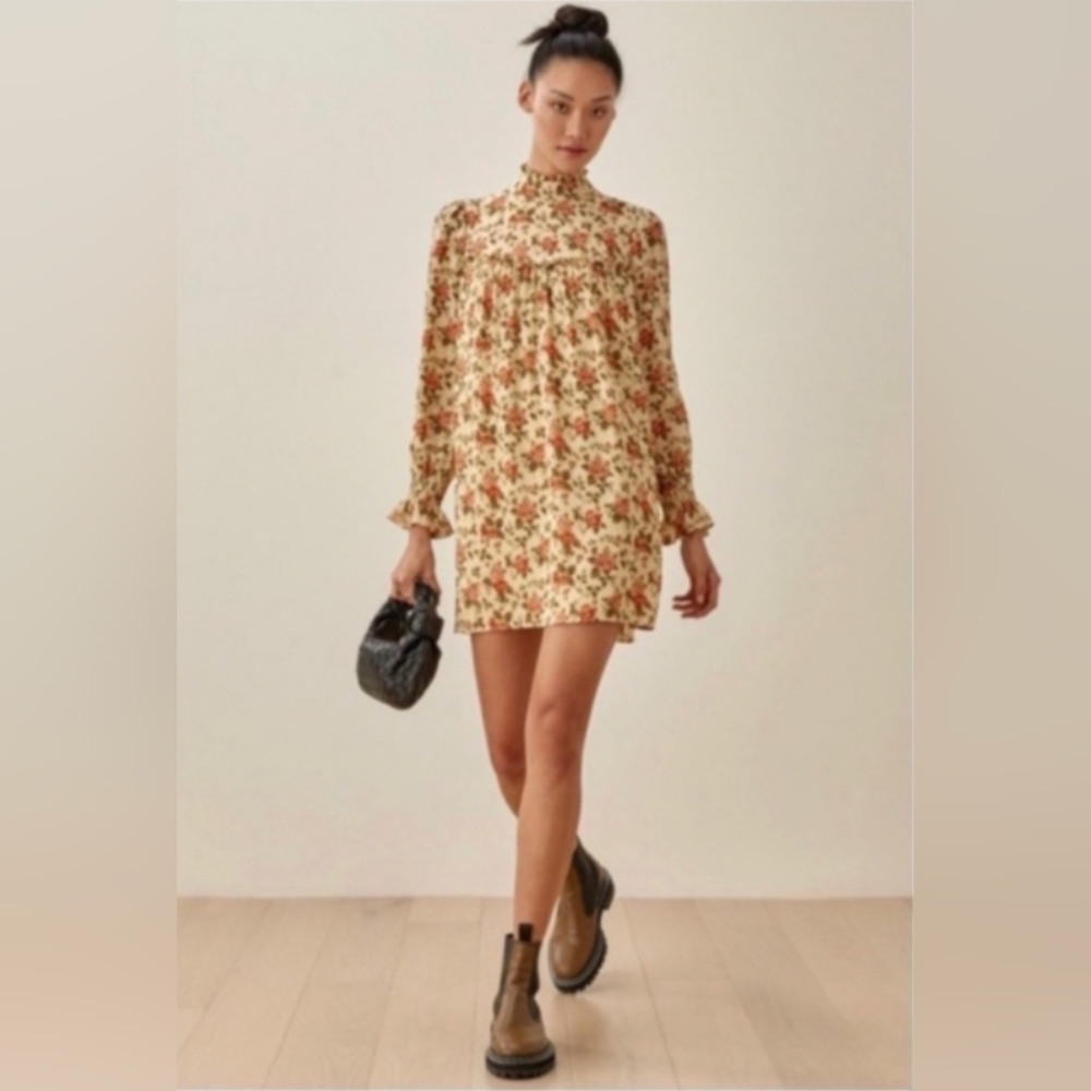 Reformation Cream Floral Mini Dress with Rust & Green Print